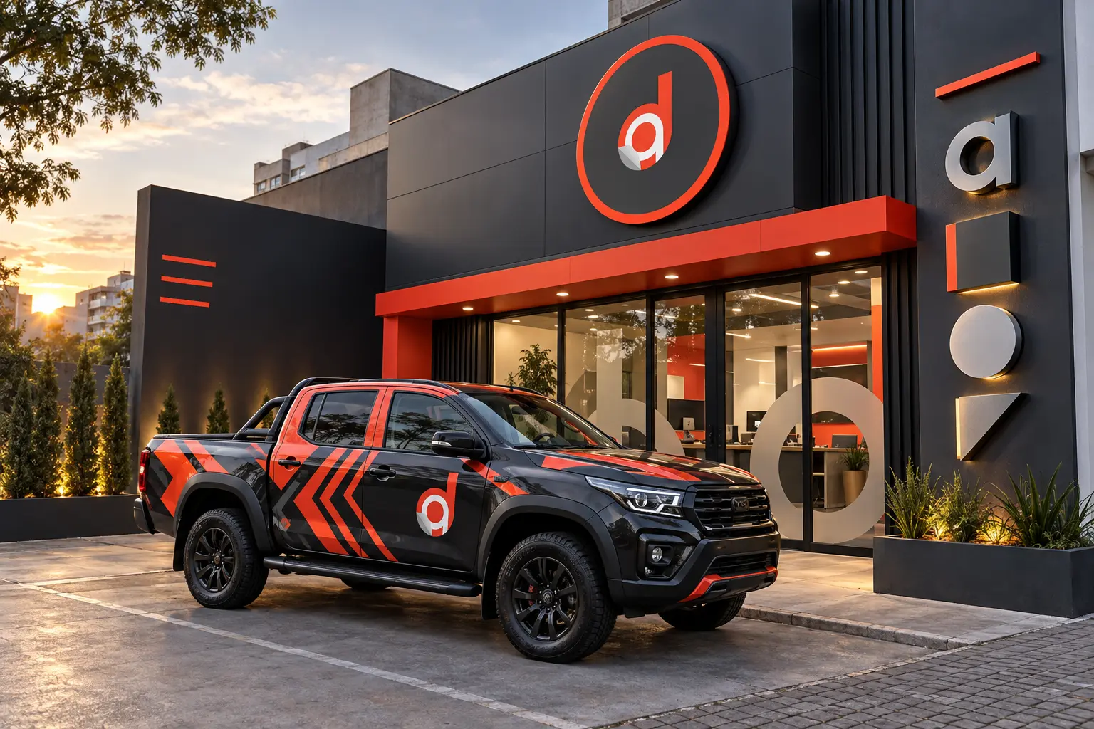Fachada comercial e veículo com comunicação visual em vermelho e grafite